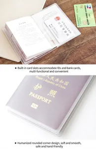 Detailed view of a thick transparent passport cover with card slots and rounded corners