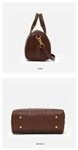 Detailed side and bottom views of a vintage brown leather Boston pillow handbag for women