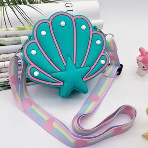 Cute silicone shell-shaped mini crossbody bag for girls with rainbow heart strap
