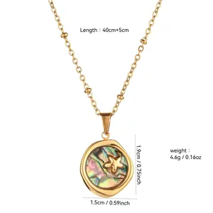 Gold stainless steel necklace with round shell pendant and starfish detail