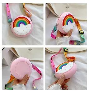 Detail views of pink silicone rainbow mini crossbody bag for little girls from multiple angles