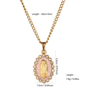 Gold tone Our Lady of Guadalupe pendant necklace with crystal border and dimensions for women
