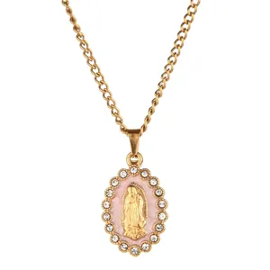 Detailed view of a gold stainless steel necklace featuring a Virgin Mary religious pendant
