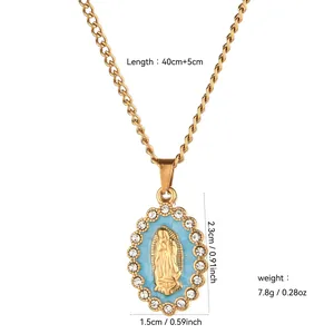 Gold stainless steel Virgin Mary oval pendant necklace with blue enamel and crystal border