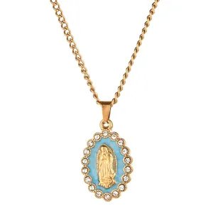 Exquisite gold stainless steel religious necklace with blue enamel Virgin Mary pendant
