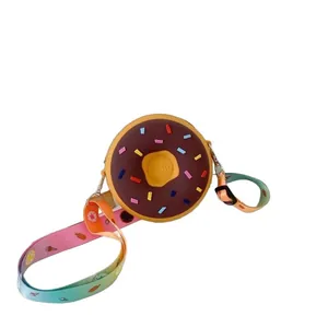 Cute children's donut-shaped silicone mini crossbody bag with colorful rainbow strap