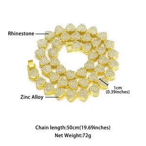 Close-up detail of gold heart link necklace with rhinestone material and size specs