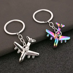 Creative metallic airplane zinc alloy keychains in polished silver and rainbow iridescent finish