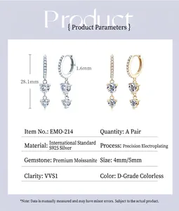 Detailed size and material specifications for 925 silver moissanite drop earrings