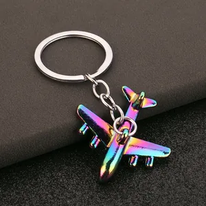 Creative rainbow iridescent airplane shaped metal keychain for men car keys charm