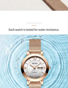Detailed view of waterproof women's rose gold quartz watch with double calendar