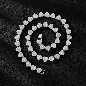 Luxurious full iced-out heart link necklace with sparkling rhinestones on black leather.