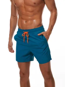 Schnell trocknende Herren-Badehose mit orangefarbenem Kordelzug und Netzfutter in Blau