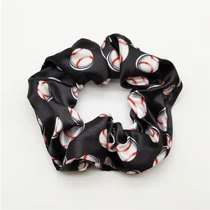 Satin hair scrunchie with baseball print on black background, large size hair tie.