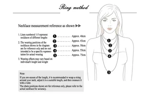 Necklace length measurement guide showing sizes from 40cm to 75cm on model illustration.