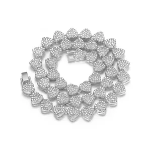Close-up of sparkling silver heart link necklace with full rhinestone pave detailing