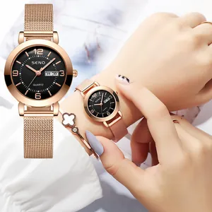 Rose gold women's quartz watch with black dial and dual day-date calendar display