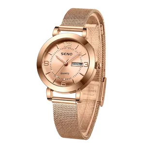 Elegant rose gold women's quartz watch featuring a mesh strap and double calendar display