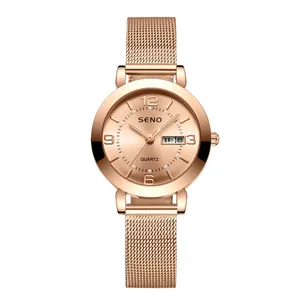 Fashion Women Quartz Watch Milanese Stainless Steel Mesh Band Waterproof Double Calendar Luminous Wristwatch Jewelry