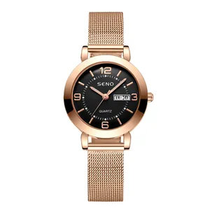 Elegant rose gold women's quartz watch with black dial and adjustable mesh strap