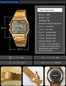 Caractéristiques et dimensions de la montre numérique dorée étanche pour hommes modèle 1123.