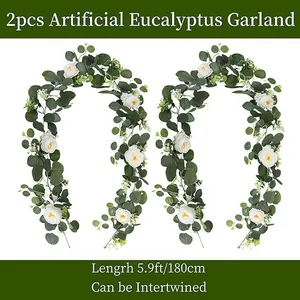 2pcs 5.9ft artificial eucalyptus garland with white flowers for home wedding decor.