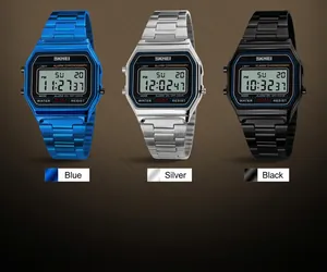Vue rapprochée des montres SKMEI 1123 en bleu, argent et noir avec finition métallique.