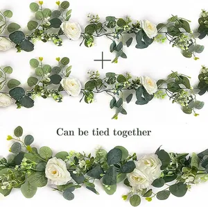 Artificial eucalyptus and white rose garland for wedding and home table decor