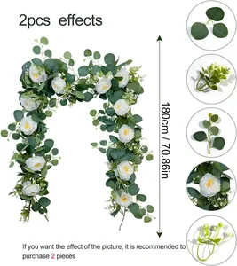 Detailed view of 180cm artificial eucalyptus garland with white roses and baby's breath