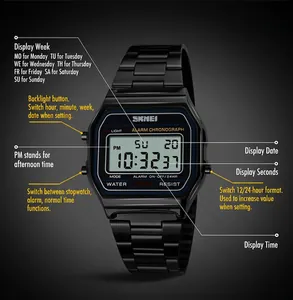 Montre numérique étanche Skmei 1123 avec bracelet en acier et fonctions d'affichage LED