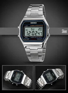 Vues détaillées de la montre numérique SKMEI argentée avec boîtier et angles du bracelet