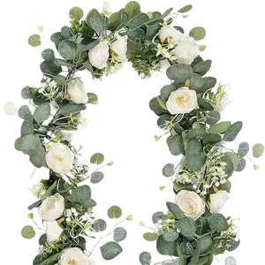 Artificial eucalyptus leaf and white rose garland for wedding and home table decoration