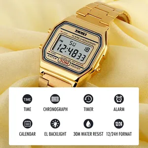 Montre numérique SKMEI 1123 dorée pour homme, étanche 30m avec fonctions alarme et chrono