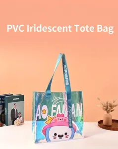 Detail view of a cartoon laser PVC tote bag showing holographic texture and blue straps.