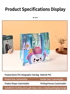 Close-up of a holographic iridescent PVC gift bag with cute cartoon character print.