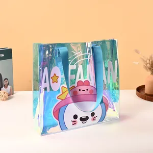 Large iridescent PVC tote bag with cute cartoon character print for daily shopping