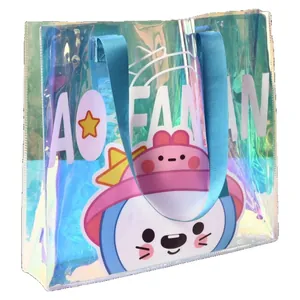 Large capacity waterproof PVC holographic tote bag with cute cartoon character print