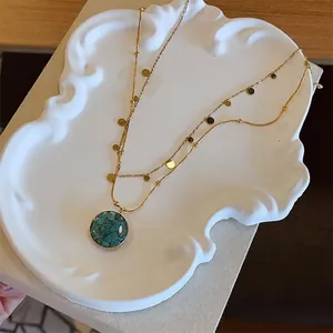 Vintage Turquoise Pendant Titanium Steel Disc Necklace For Women Gold Plated Double Layer Sweater Chain Fashion Jewelry