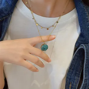 Vintage style layered stainless steel gold necklace with turquoise stone pendant