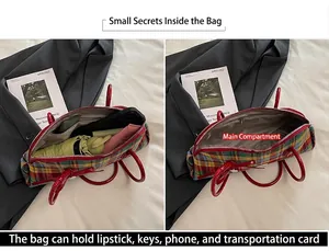 Detail showing the spacious interior of a vintage plaid Boston bag holding daily essentials