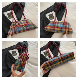 Multi-angle detail views of a vintage colorful plaid shoulder bag with red straps.