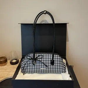 Retro black and white gingham shoulder bag with bow and heart charm in gift box