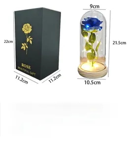 Detailed specs for blue rose night light in dome with gift box dimensions