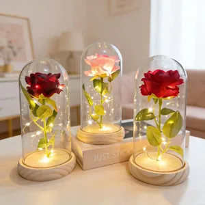 Set of three glowing roses in glass domes with wooden bases for home decor