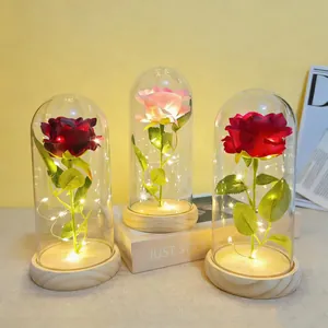 Elegant eternal artificial roses in glass dome with warm LED lights for Valentine's Day