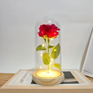 Romantic LED artificial red rose in glass dome on wooden base for Valentine's Day gift