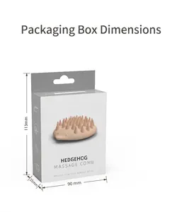 Detailansicht der Igel-Massagekamm-Verpackung mit Abmessungen 113x90x35 mm