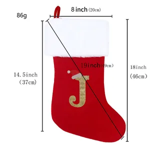 Detailed size specifications for the red velvet Christmas stocking with gold letter J