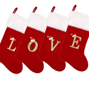 Large Christmas Stocking With Gold Embroidered Letter Red White Plush Xmas Stocking For Fireplace Hanging Holiday Party Decoration