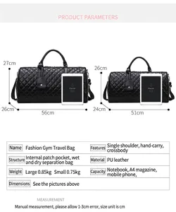 Size guide for large and small diamond quilted travel duffel bags with dimensions
